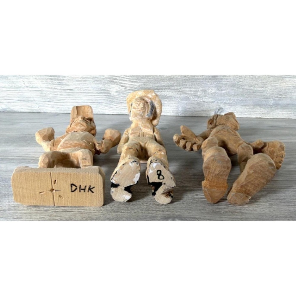 3 Vintage Folk Art Wood Hand Carved Figures Unpainted Project Pieces Wooden - Picture 10 of 11